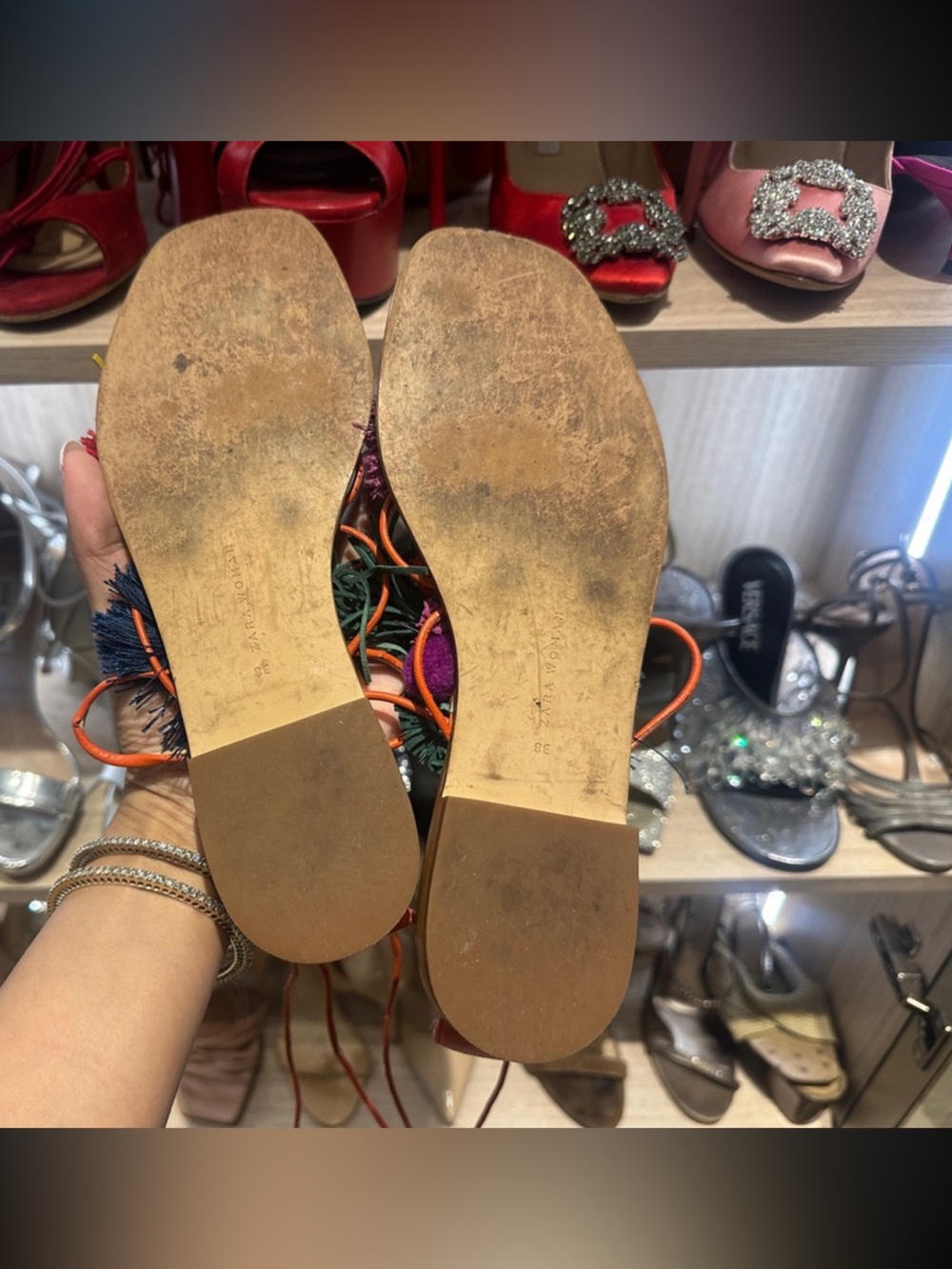 Zara Colorful Pom Pom Tassel Lace Up Open Toe Sandals (Size 38) - Picture 6 of 7